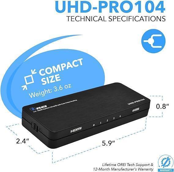 OREI 4K HDMI Splitter 1 in 4 out Duplicate / Mirror 4K Screens w/ Down Scaler 4 Ports Upto 4K@60Hz 1080p & 3D Supports EDID Control, UHD-PRO104 - DECIBEL