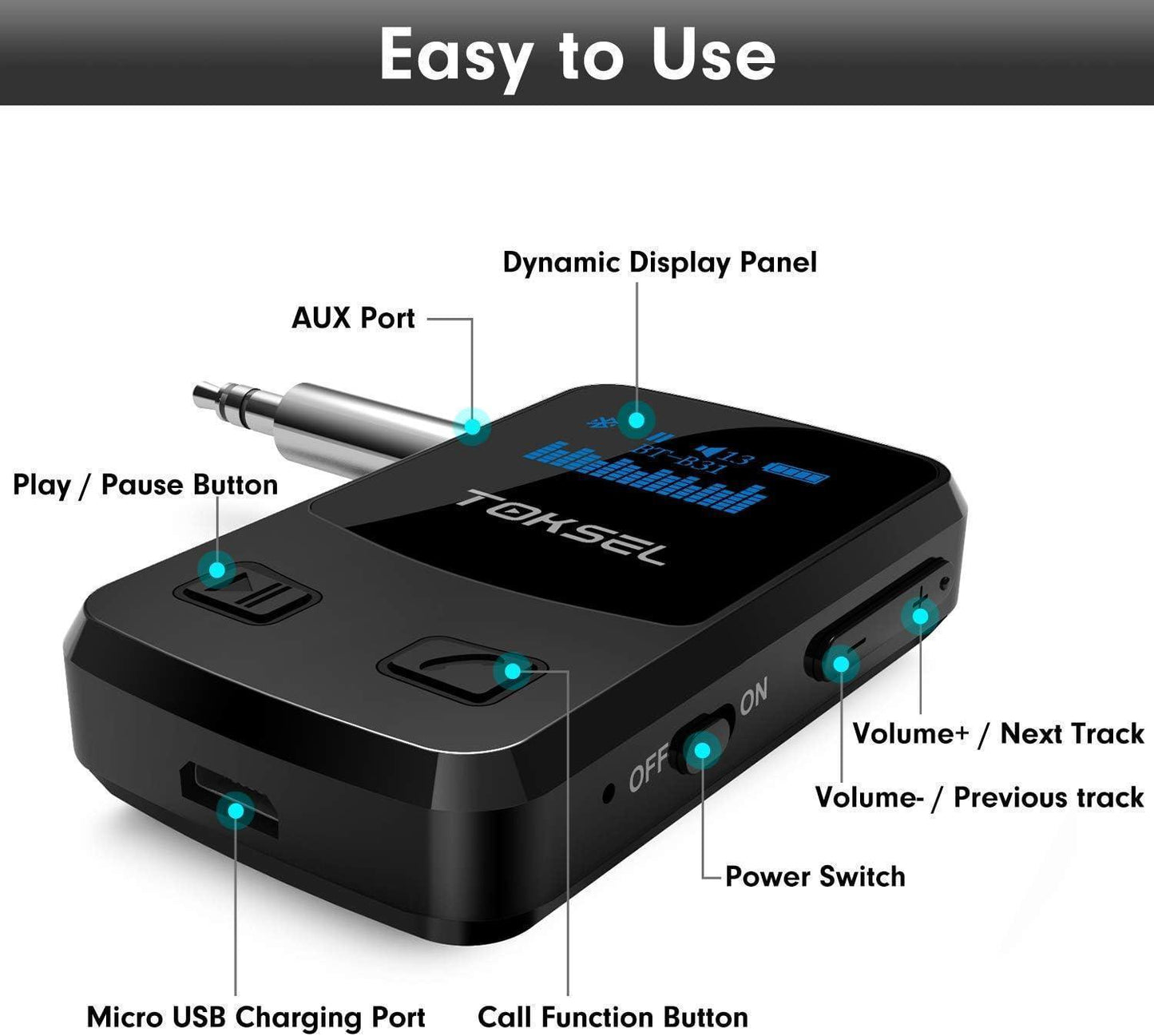 TOKSEL Visible Bluetooth Music Receiver, Bluetooth 5.0 Aux Adapter with OLED Display Screen, CVC8.0 Noise Cancelling, Handsfree Calls, 13-Hour Battery Life, 3D Surround Sound for Car Home Stereo - DECIBEL
