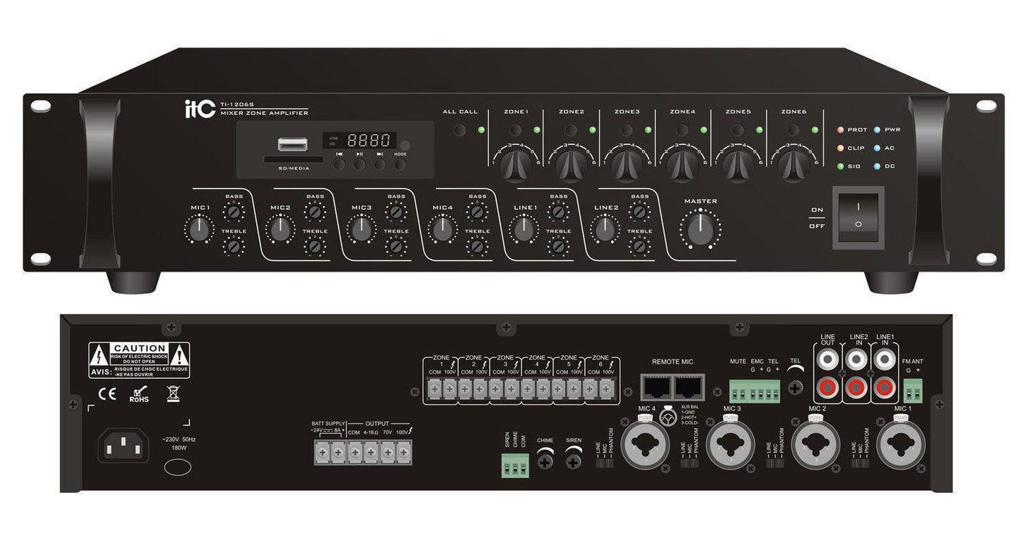 TI-1206S / TI-2406S / TI-3506S / TI-5006S 6 Zones Mixer Amplifier with Mp3 - DECIBEL