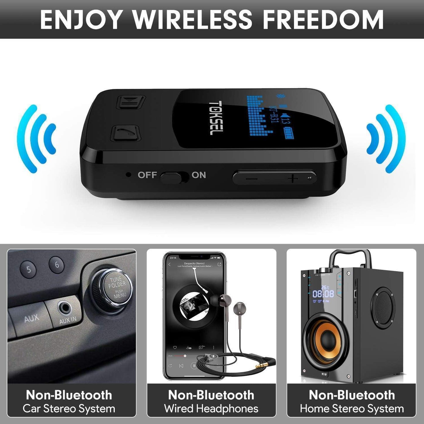 TOKSEL Visible Bluetooth Music Receiver, Bluetooth 5.0 Aux Adapter with OLED Display Screen, CVC8.0 Noise Cancelling, Handsfree Calls, 13-Hour Battery Life, 3D Surround Sound for Car Home Stereo - DECIBEL