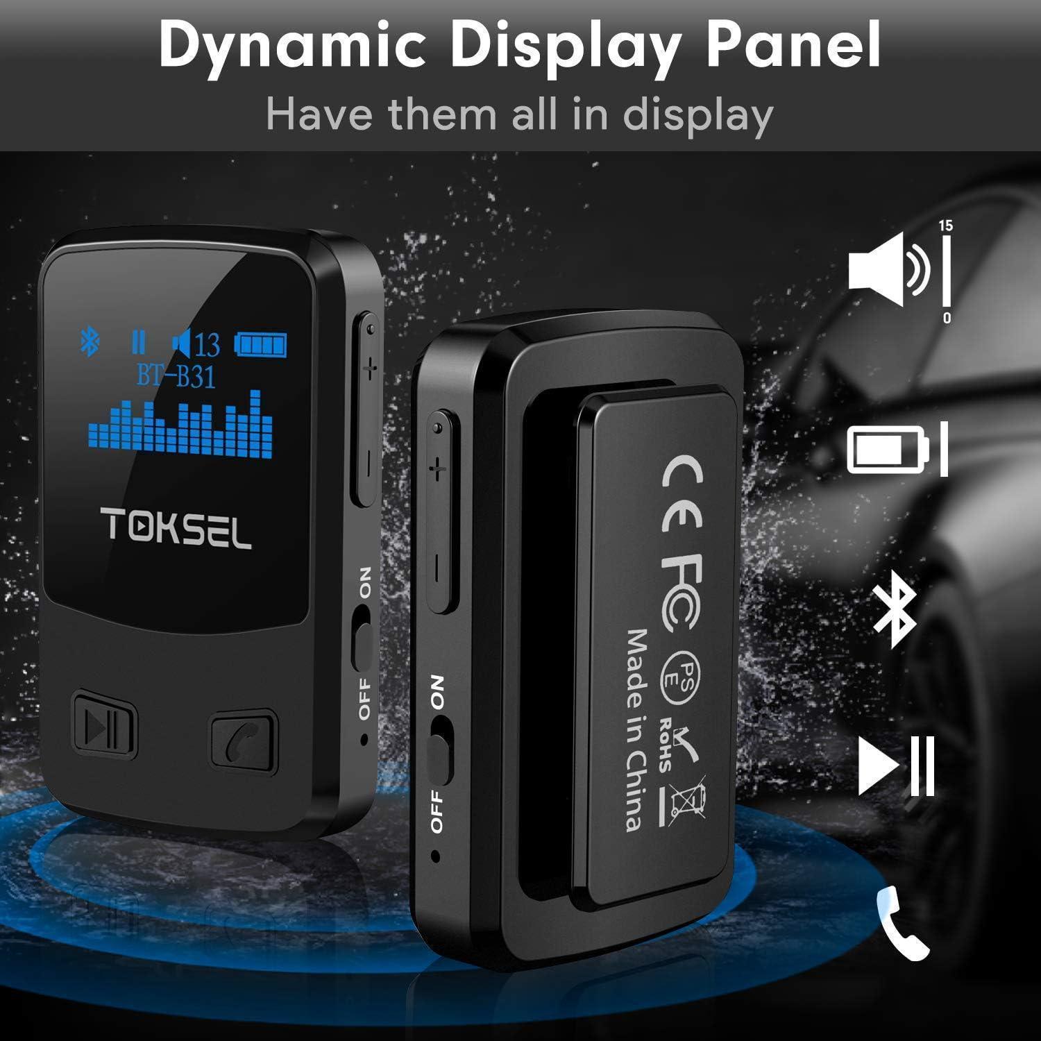 TOKSEL Visible Bluetooth Music Receiver, Bluetooth 5.0 Aux Adapter with OLED Display Screen, CVC8.0 Noise Cancelling, Handsfree Calls, 13-Hour Battery Life, 3D Surround Sound for Car Home Stereo - DECIBEL