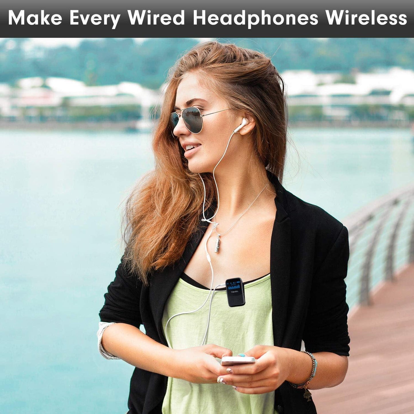 TOKSEL Visible Bluetooth Music Receiver, Bluetooth 5.0 Aux Adapter with OLED Display Screen, CVC8.0 Noise Cancelling, Handsfree Calls, 13-Hour Battery Life, 3D Surround Sound for Car Home Stereo - DECIBEL