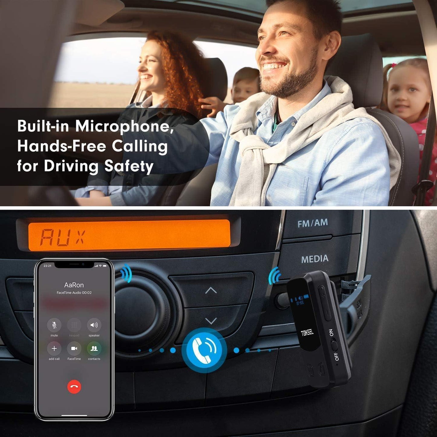 TOKSEL Visible Bluetooth Music Receiver, Bluetooth 5.0 Aux Adapter with OLED Display Screen, CVC8.0 Noise Cancelling, Handsfree Calls, 13-Hour Battery Life, 3D Surround Sound for Car Home Stereo - DECIBEL