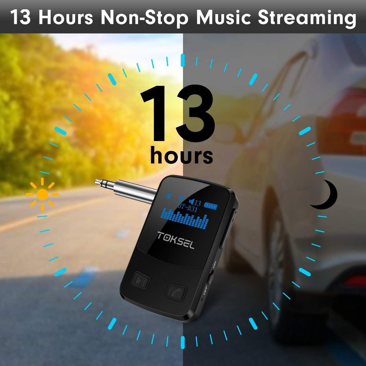 TOKSEL Visible Bluetooth Music Receiver, Bluetooth 5.0 Aux Adapter with OLED Display Screen, CVC8.0 Noise Cancelling, Handsfree Calls, 13-Hour Battery Life, 3D Surround Sound for Car Home Stereo - DECIBEL