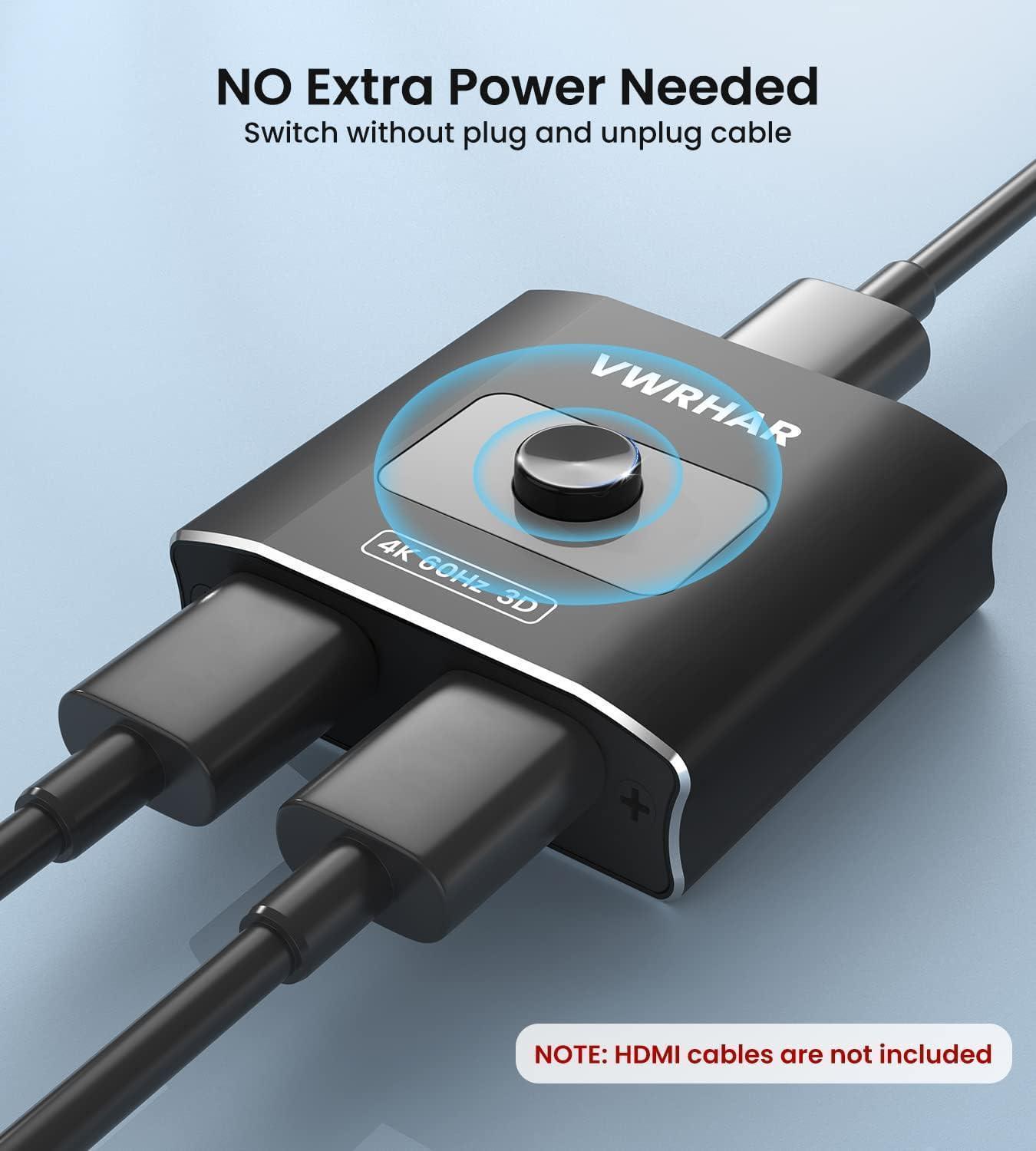 VWRHAR HDMI Switch Splitter 4K@60hz, Aluminum HDMI 2.0 Switcher 2 in 1 Out, HDMI Splitter 1 in 2 Out, Bi-Directional Switch Support 4K 3D HDR for Xbox PS5/4/3 Blu-Ray Player Fire Stick Roku HDTV - DECIBEL
