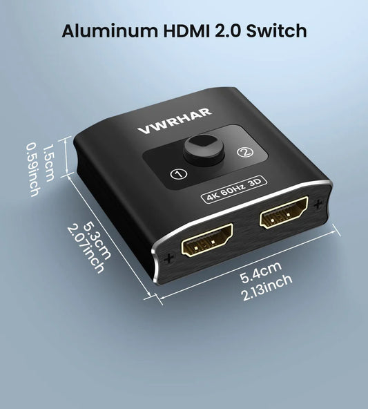 VWRHAR HDMI Switch Splitter 4K@60hz, Aluminum HDMI 2.0 Switcher 2 in 1 Out, HDMI Splitter 1 in 2 Out, Bi-Directional Switch Support 4K 3D HDR for Xbox PS5/4/3 Blu-Ray Player Fire Stick Roku HDTV