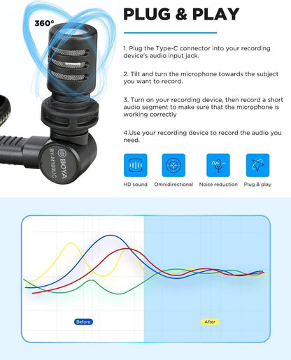 BOYA BY-M100UC Mini USB C Microphone Plug&Play Lapel Mic with Type-C Connector for Android Smartphone Latop OSM Action2/3 YouTube/Vlog/Interview - DECIBEL