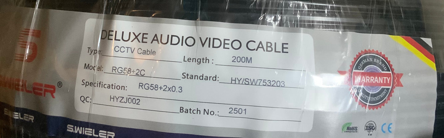 S.WIELER RG58+2C Deluxe CCTV Cable – 200M Audio Video Surveillance Wire