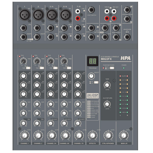 HPA M822FX Analogue Mixing Desk Mixer 5-channel, 8-input, integrated Effects 100 presets. AUX 1 and a return (stereo)