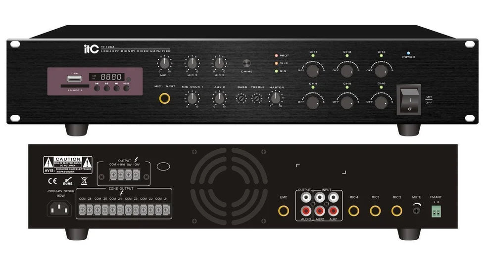 ITC TI-120Z/TI-240Z/TI-350Z/TI-500Z Six Zone Mixer Digital Power Amplifier with Audio Source (independent Volume Adjustments)