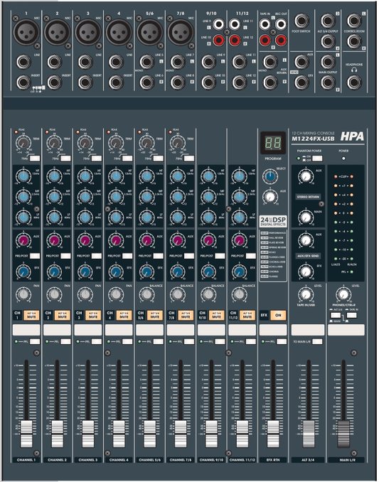 HPA M1224FX-USB Analogue Mixing Desk 8-channel Mixing Console with 100 effects presets, USB Hand Out - DECIBEL