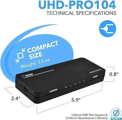 OREI 4K HDMI Splitter 1 in 4 out Duplicate / Mirror 4K Screens w/ Down Scaler 4 Ports Upto 4K@60Hz 1080p & 3D Supports EDID Control, UHD-PRO104