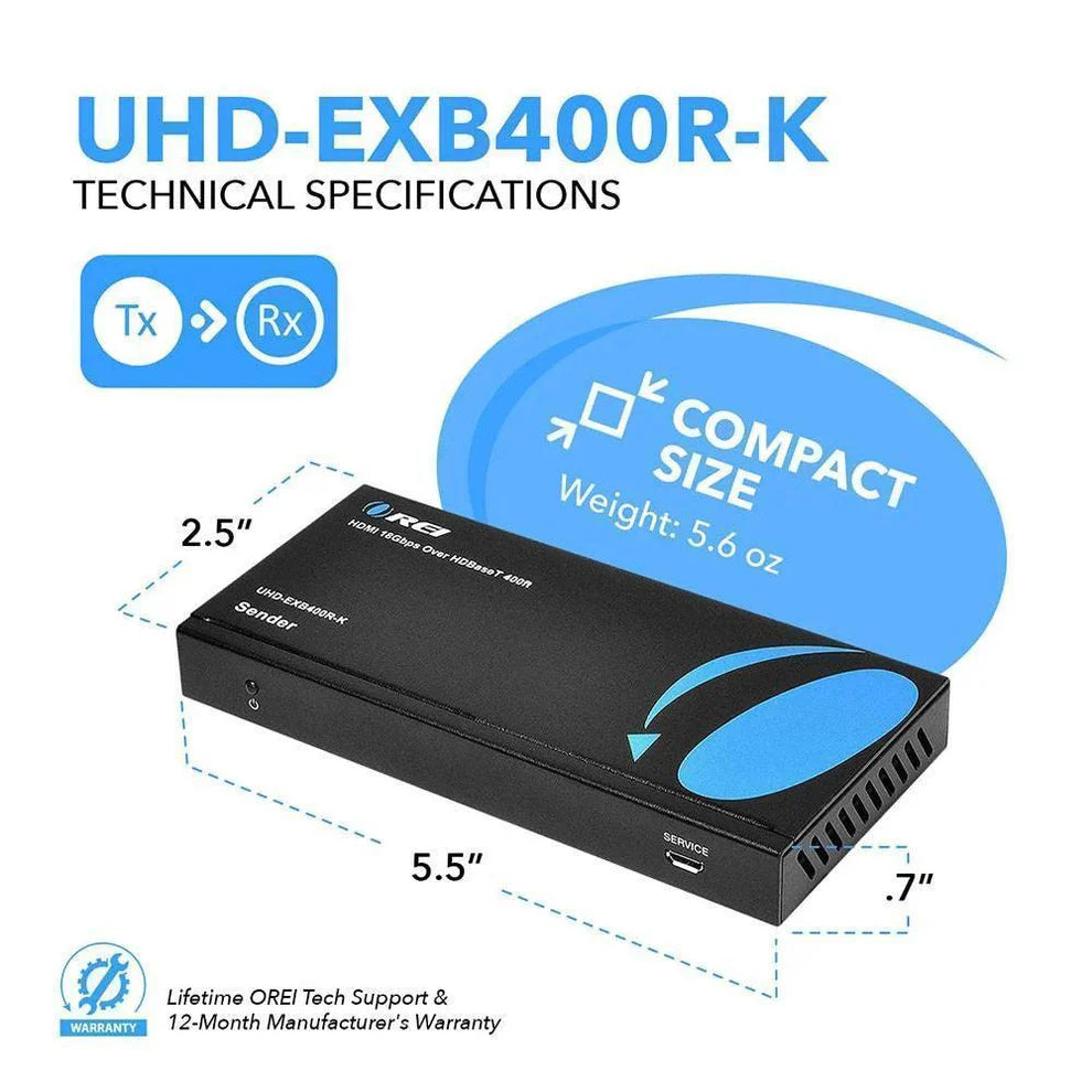OREI UHD-EXB400R-K: 4K HDMI EXTENDER WITH HDBASET OVER CAT 6/7 UP TO 400 FEET WITH IR CONTROL AND LOOP OUT