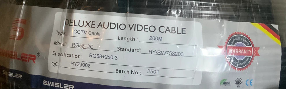 S.WIELER RG58+2C Deluxe CCTV Cable – 200M Audio Video Surveillance Wire