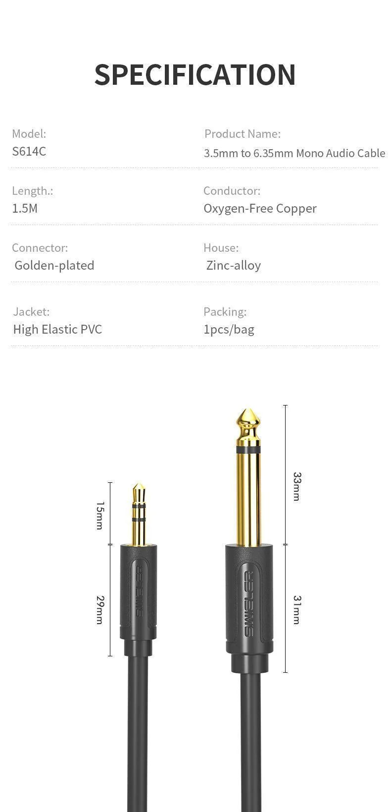 S.WIELER S614C 3.5mm TS to 6.35mm TS AUDIO CABLE