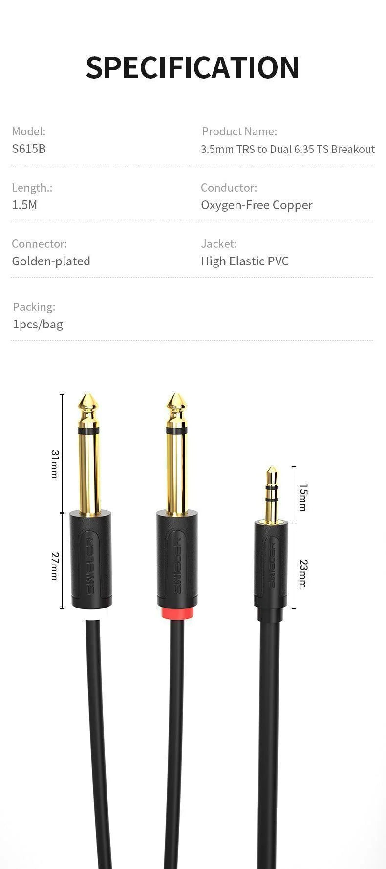S.WIELER S615B 3.5mm TRS to DUAL 6.35mm TS STEREO BREATOUT CABLE