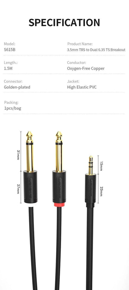 S.WIELER S615B 3.5mm TRS to DUAL 6.35mm TS STEREO BREATOUT CABLE