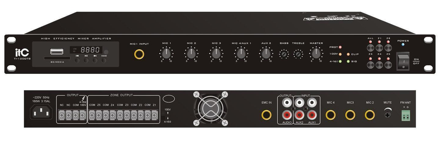 TI-120DTB/TI-240DTB/TI-350DTB 5 Zones Digital Mixer Amplifier with MP3/TUNER/Bluetooth (Phone Jack Mic Input) - DECIBEL