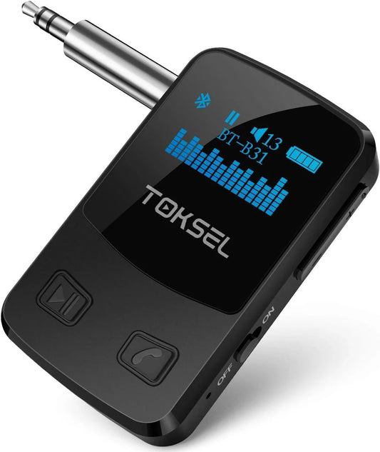 TOKSEL Visible Bluetooth Music Receiver, Bluetooth 5.0 Aux Adapter with OLED Display Screen, CVC8.0 Noise Cancelling, Handsfree Calls, 13-Hour Battery Life, 3D Surround Sound for Car Home Stereo