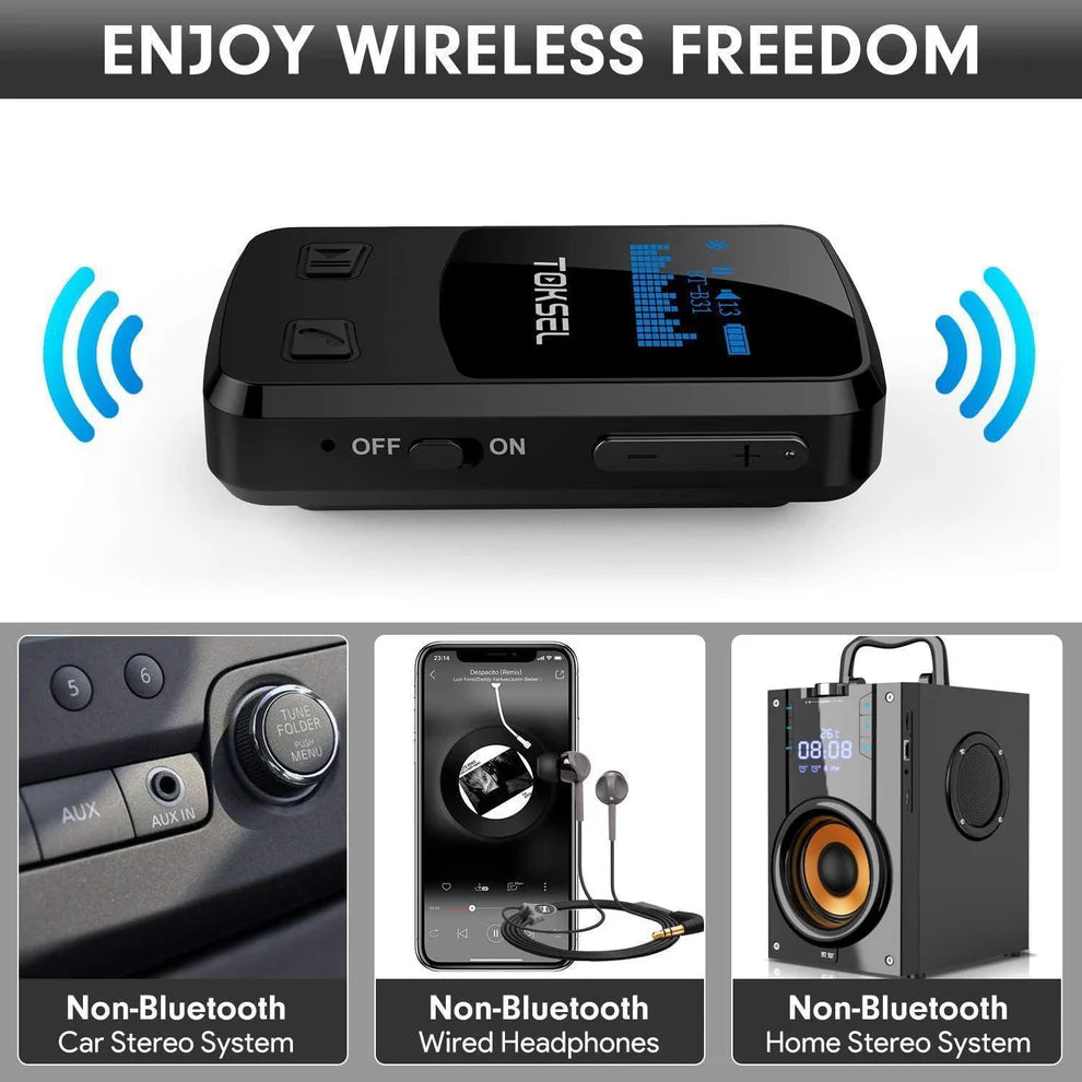 TOKSEL Visible Bluetooth Music Receiver, Bluetooth 5.0 Aux Adapter with OLED Display Screen, CVC8.0 Noise Cancelling, Handsfree Calls, 13-Hour Battery Life, 3D Surround Sound for Car Home Stereo