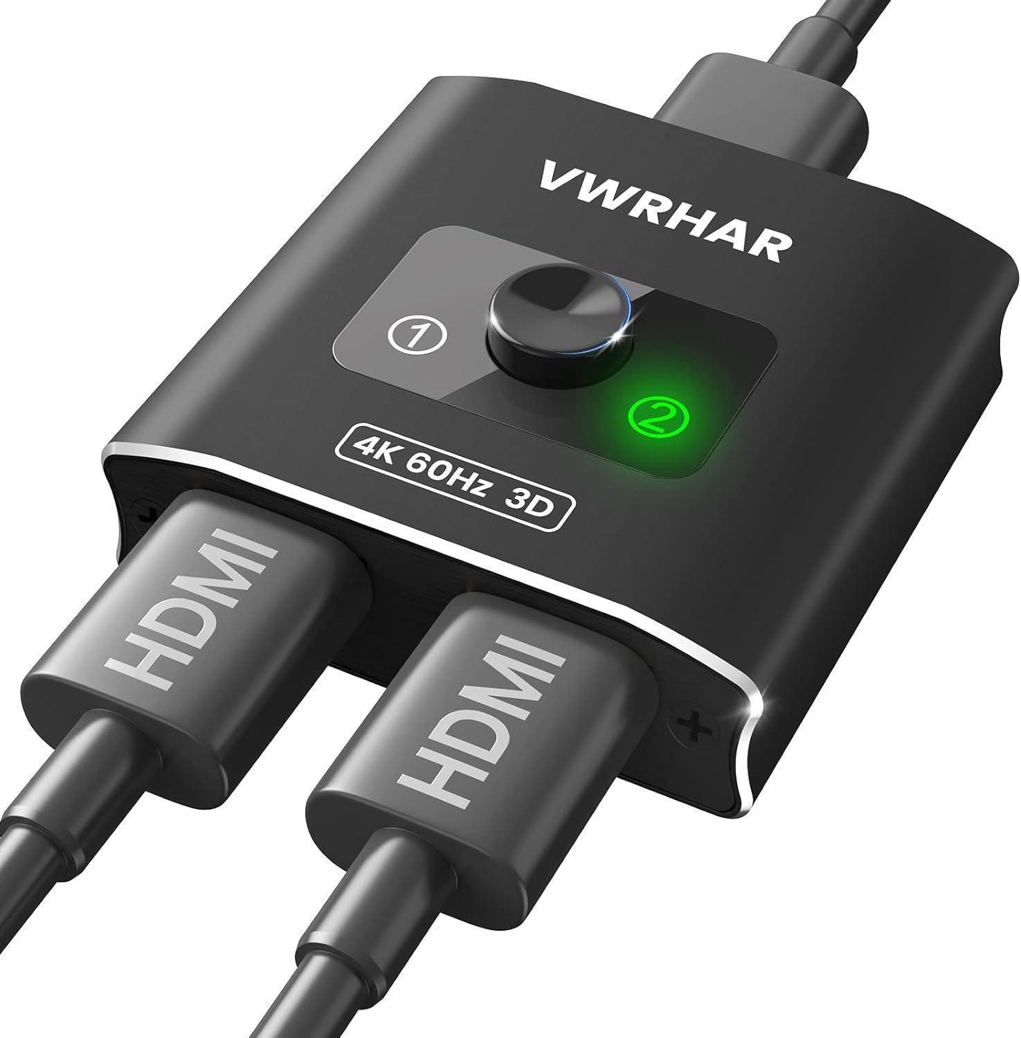 VWRHAR HDMI Switch Splitter 4K@60hz, Aluminum HDMI 2.0 Switcher 2 in 1 Out, HDMI Splitter 1 in 2 Out, Bi-Directional Switch Support 4K 3D HDR for Xbox PS5/4/3 Blu-Ray Player Fire Stick Roku HDTV - DECIBEL