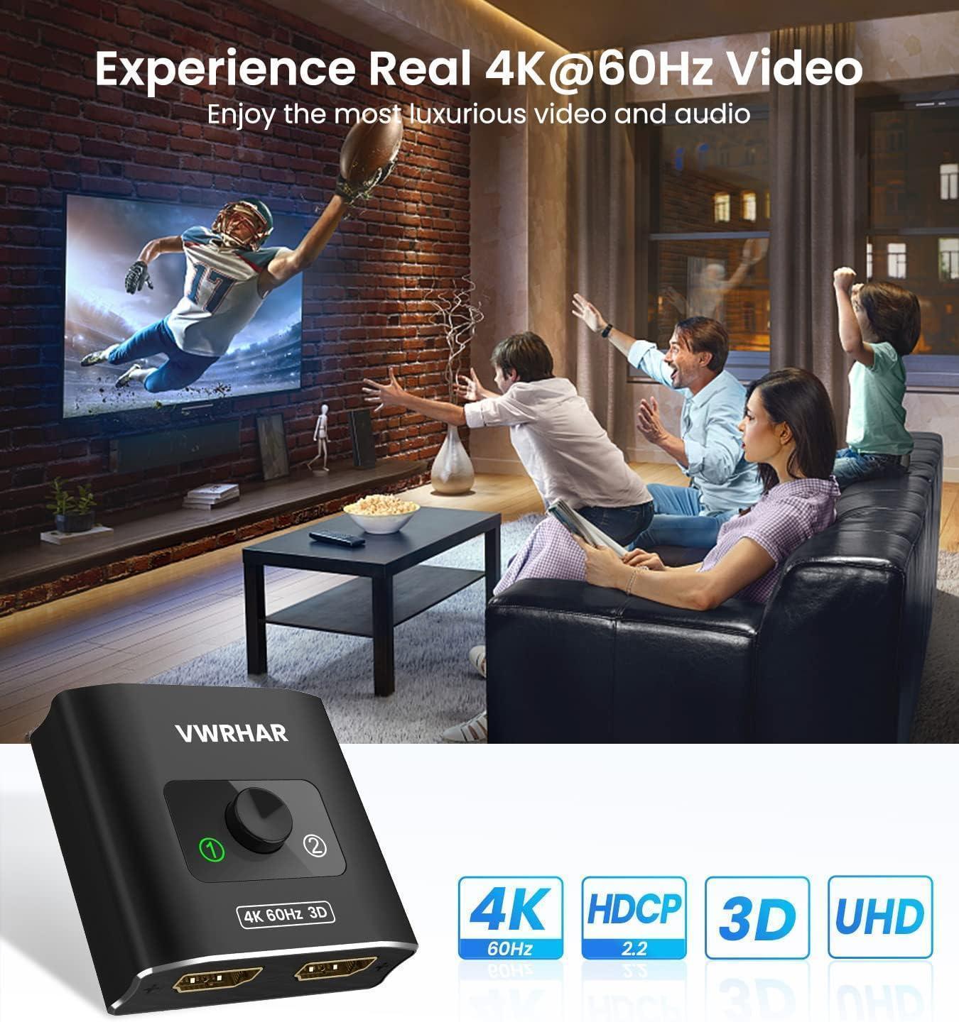 VWRHAR HDMI Switch Splitter 4K@60hz, Aluminum HDMI 2.0 Switcher 2 in 1 Out, HDMI Splitter 1 in 2 Out, Bi-Directional Switch Support 4K 3D HDR for Xbox PS5/4/3 Blu-Ray Player Fire Stick Roku HDTV - DECIBEL