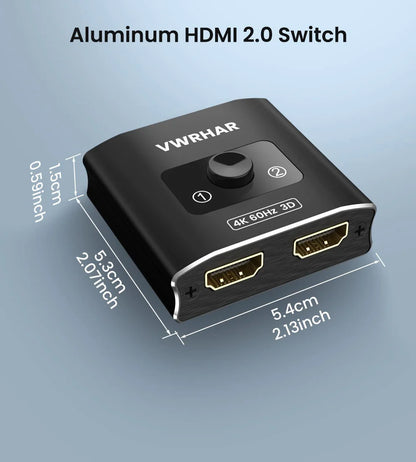 VWRHAR HDMI Switch Splitter 4K@60hz, Aluminum HDMI 2.0 Switcher 2 in 1 Out, HDMI Splitter 1 in 2 Out, Bi-Directional Switch Support 4K 3D HDR for Xbox PS5/4/3 Blu-Ray Player Fire Stick Roku HDTV