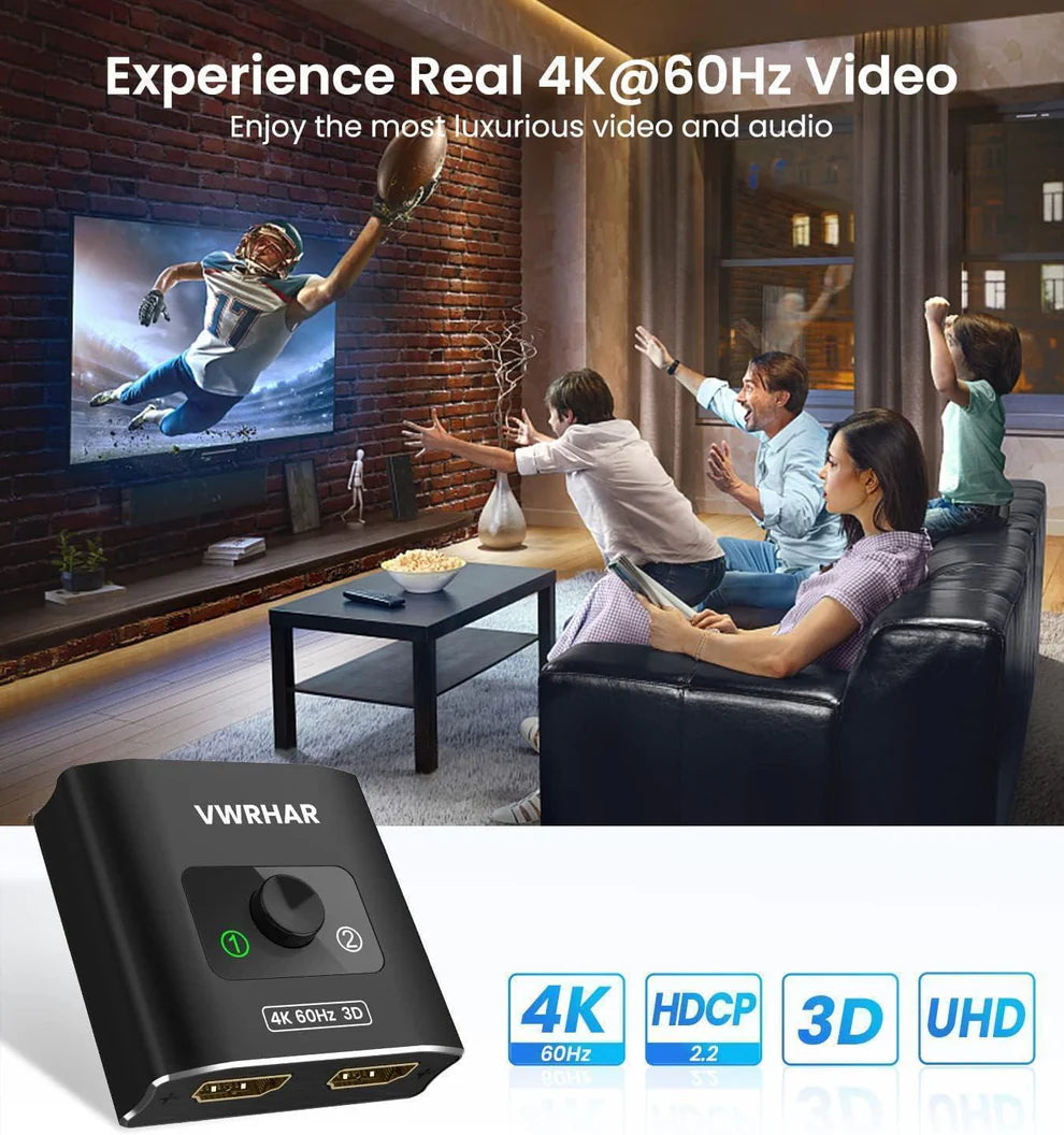VWRHAR HDMI Switch Splitter 4K@60hz, Aluminum HDMI 2.0 Switcher 2 in 1 Out, HDMI Splitter 1 in 2 Out, Bi-Directional Switch Support 4K 3D HDR for Xbox PS5/4/3 Blu-Ray Player Fire Stick Roku HDTV