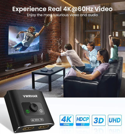 VWRHAR HDMI Switch Splitter 4K@60hz, Aluminum HDMI 2.0 Switcher 2 in 1 Out, HDMI Splitter 1 in 2 Out, Bi-Directional Switch Support 4K 3D HDR for Xbox PS5/4/3 Blu-Ray Player Fire Stick Roku HDTV