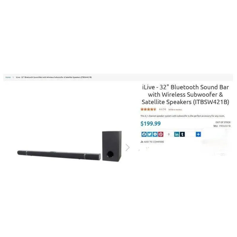 iLive - 32” Bluetooth Sound Bar with Wireless Subwoofer & Satellite Speakers (ITBSW421B)